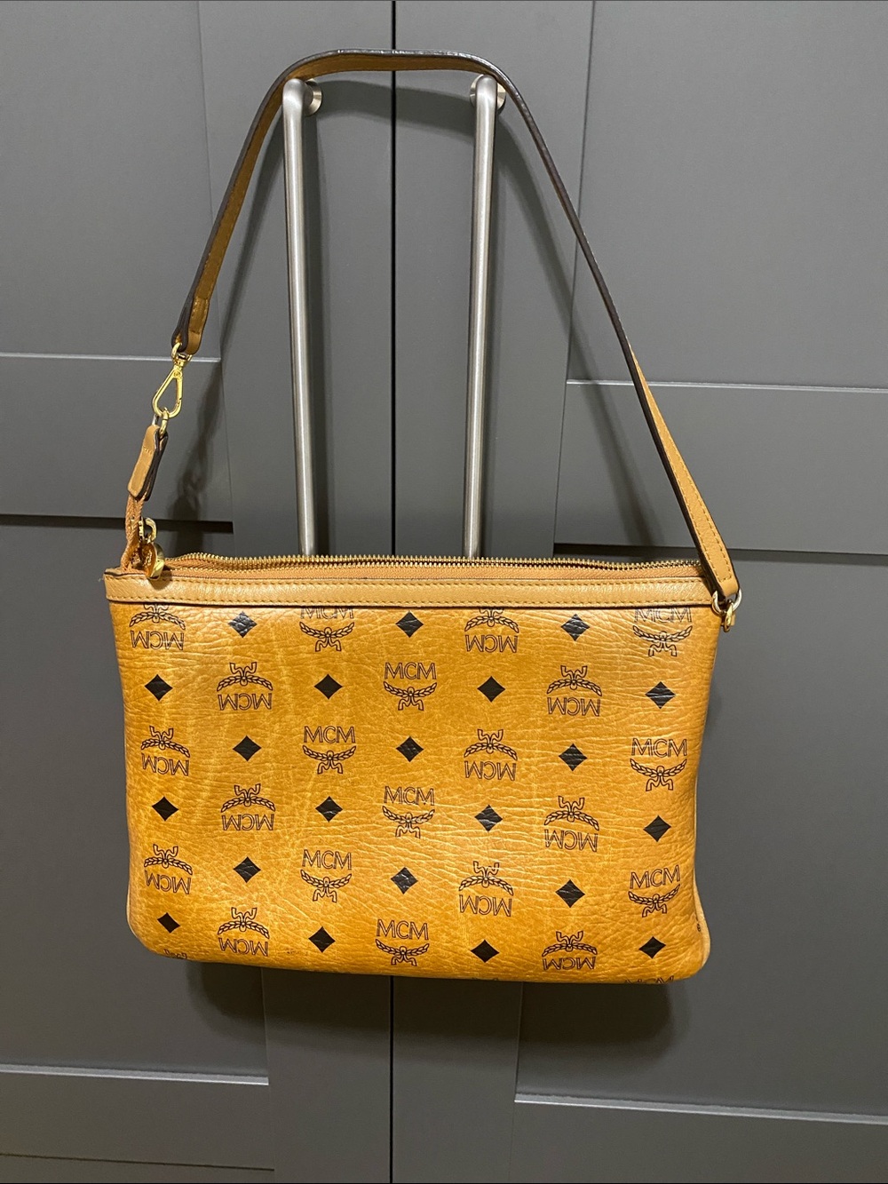 MCM Cognac Visetos Logo Shoulder Bag
